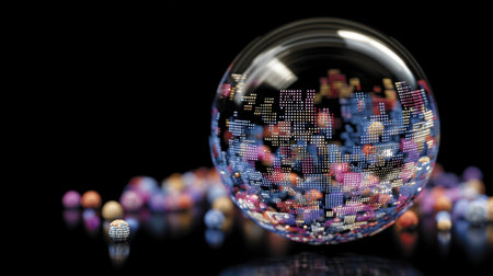 A stunning visual representation of an abstract bubble filled with colorful particles, floating above vibrant spheres on a dark background, creating a mesmerizing effect.の素材