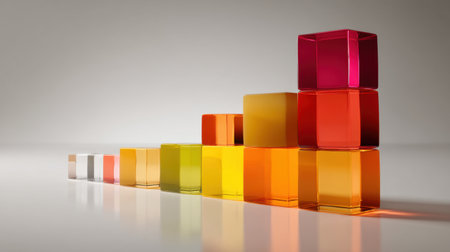 A visually striking arrangement of colorful translucent cubes showcases modern design elements. The ascending display creates a sense of depth and harmony.の素材
