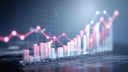 Colorful graphs and charts display financial growth and market trends in an abstract digital visualization that represents data analysis in a modern business context.の素材