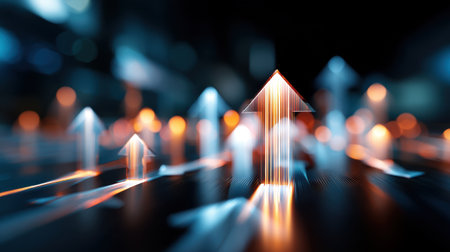 This abstract image features glowing arrows pointing upwards, symbolizing growth and success in a vibrant digital environment, perfect for business and technology themes.の素材