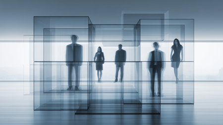 This image features abstract silhouettes of business professionals within a sleek glass office environment, symbolizing transparency and innovative teamwork in a modern corporate setting.の素材