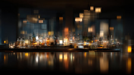 A striking abstract depiction of a modern bar counter featuring blurred lights and bottles. The vibrant atmosphere captures the essence of nightlife and social gatherings.の素材