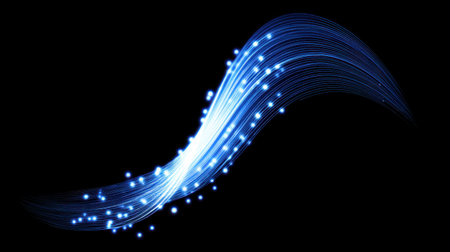 This captivating abstract image features a flowing blue light wave adorned with sparkling particles against a black background, perfect for creative and artistic projects.の素材