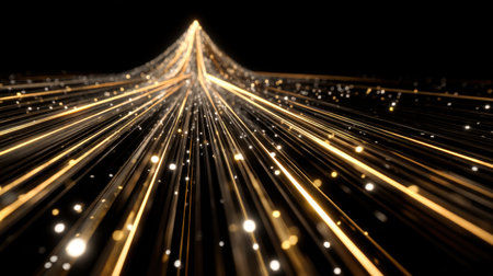 A stunning view of golden light rays expanding into dark space, creating a captivating sense of movement and depth, perfect for abstract designs and backgrounds.の素材