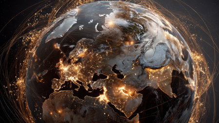 This captivating image presents a detailed view of Earth at night, showcasing illuminated cities and intricate networks, emphasizing the interconnectedness of our world.の素材