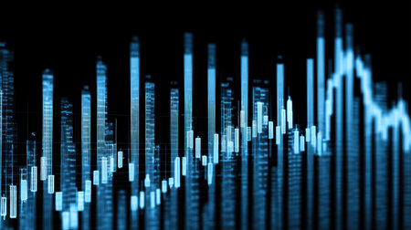 This stock image features an abstract representation of financial data with glowing blue bars, illustrating stock market trends and fluctuations against a dark backdrop.の素材