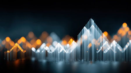 This abstract image showcases vibrant lines and glowing elements, illustrating data trends and growth. It represents modern technology and innovation in a striking visual style.の素材