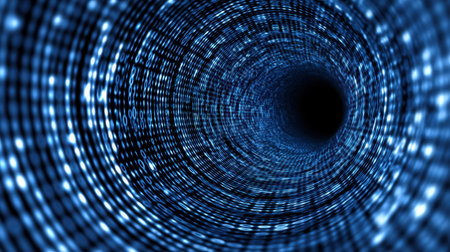 This abstract image depicts a swirling tunnel of binary code, showcasing the concept of data transfer in a futuristic digital landscape that evokes technology and innovation.の素材