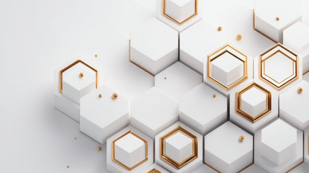 A visually striking image featuring hexagonal shapes in a white and gold color palette, ideal for modern design projects, presentations, or digital applications.の素材