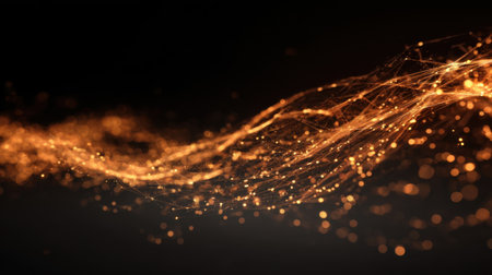 A stunning abstract representation of flowing golden lines filled with sparkles, offering a captivating background ideal for technology themes and creative projects.の素材