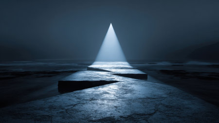 A captivating scene featuring a solitary beam of light piercing through darkness, illuminating a textured surface, guiding the viewer toward the vast ocean.の素材