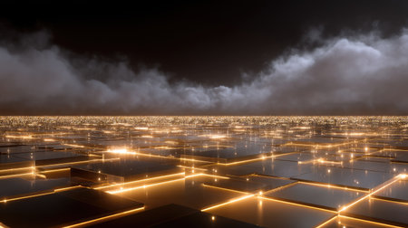 This mesmerizing scene features a vast expanse of illuminated tiles reflecting a warm glow against a dark, cloudy sky, creating a surreal and captivating landscape.の素材
