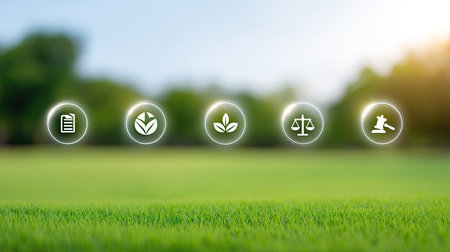 A collection of five icons representing sustainability, growth, and legal measures set against a blurred natural landscape with soft lighting.の素材