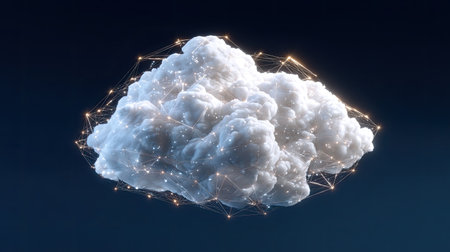 This abstract representation features a digital cloud surrounded by glowing network connections, illustrating innovation and technology concepts in a modern design.の素材