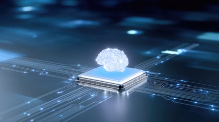 This image depicts a conceptual representation of artificial intelligence with a luminous brain placed on a microchip, symbolizing advanced technology and innovation.の素材
