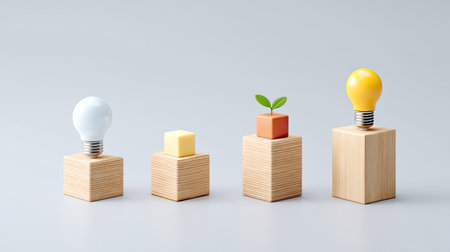 This image showcases a creative arrangement of a light bulb, a sprouting plant, and colorful cubes on wooden stands, symbolizing innovation and growth.の素材