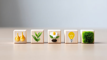 A vibrant display of wooden blocks featuring nature-related symbols such as eggs, leaves, and bulbs, illustrating themes of growth and sustainability.の素材
