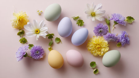 A beautiful arrangement of pastel-colored eggs and vibrant flowers on a soft pink background, perfect for spring celebrations and decorative purposes.の素材