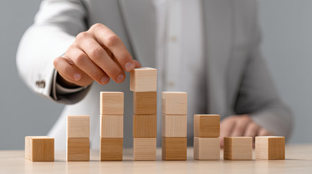 A businessman focuses on stacking wooden blocks symbolizing growth and progress in strategic planning and financial development, showcasing dedication.の素材