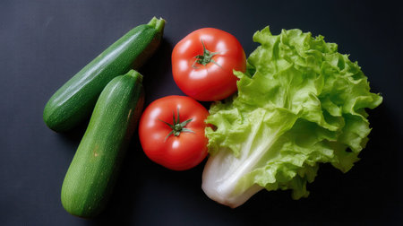 A vibrant assortment of fresh green zucchini, juicy red tomatoes, and crunchy lettuce is beautifully arranged on a dark background, perfect for healthy recipe ideas.の素材