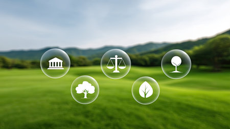 This image features icons representing environmental protection and legal concepts encapsulated in bubbles, set against a tranquil landscape.の素材