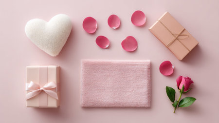 A romantic flat lay arrangement featuring soft pink gifts, heart shape, rose petals, and a beautiful rose on a gentle pink background. Perfect for celebrations.の素材