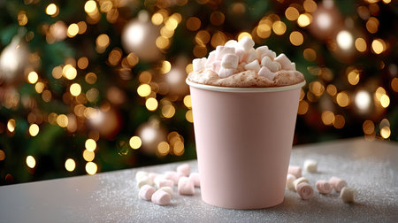 A delicious hot chocolate topped with fluffy marshmallows sits in a charming pink cup, creating a cozy scene perfect for the holiday season.の素材