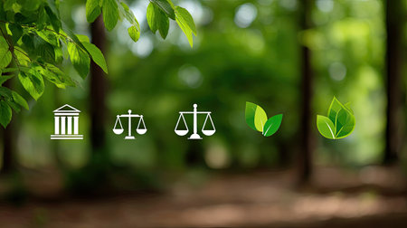 This image features a natural background with icons symbolizing environmental justice and legal concepts. It emphasizes the connection between nature and law, promoting sustainability.の素材