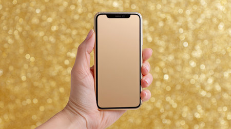 A hand elegantly holds a blank smartphone against a shimmering golden background, perfect for showcasing design ideas, advertising concepts, or modern technology themes.の素材