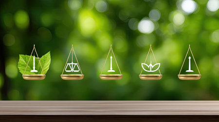 This image features symbolic scales balancing nature and law, representing the harmony between justice and sustainability in an eco-friendly setting.の素材