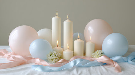 A serene arrangement of soft pastel balloons, elegant candles, fresh flowers, and satin ribbons, perfect for various celebrations and special occasions.の素材