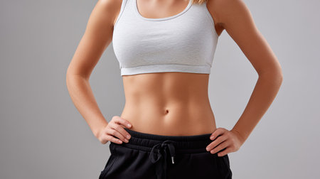 A fit young woman showcases her athletic physique in stylish workout clothing, embodying strength and confidence against a simple gray background.の素材