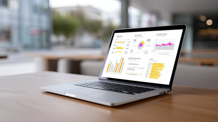 A modern laptop rests on a wooden table, showcasing vibrant analytical data charts that highlight business performance in a clean office space.の素材