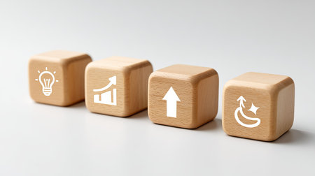 This stock photo features wooden blocks displaying symbols of growth, innovation, progression, and success, perfect for business-related themes and concepts.の素材