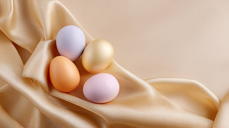 This image features a delightful arrangement of colorful Easter eggs resting on luxurious silk fabric. The soft pastels evoke feelings of spring and celebration.の素材