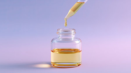This captivating image features a glass dropper filled with yellow liquid, gently dripping into a round jar. Set against a soft purple background, it evokes a sense of purity and elegance, ideal for wellness and cosmetic themes.の素材