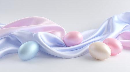This image features pastel colored eggs resting on luxurious satin fabric, creating a soft and elegant scene perfect for springtime and Easter celebrations.の素材