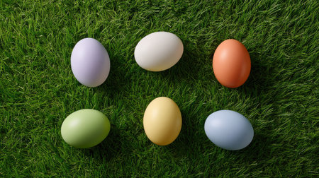 This vibrant image features a collection of colorful eggs arranged on lush green grass, perfect for spring celebrations and festive decorations.の素材