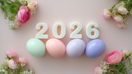 A charming scene featuring pastel-colored Easter eggs alongside delicate flowers and the year 2026. Perfect for spring celebrations and holiday themes.の素材