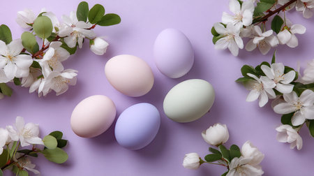 This image features beautifully colored pastel Easter eggs placed amongst fresh white blossoms on a soft purple background, symbolizing spring celebrations.の素材