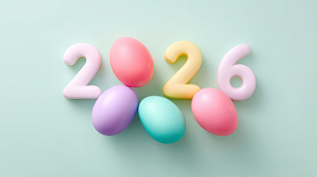 Bright and colorful Easter eggs paired with playful numbers 2026 against a light green background, perfect for spring festivities and joyful celebrations.の素材
