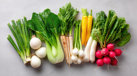 Vibrant assortment of fresh organic vegetables displayed on a gray background, including radishes, scallions, bok choy, and more for healthy meals.の素材