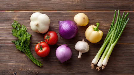 A vibrant assortment of fresh vegetables including garlic, onions, tomatoes, and bell peppers arranged on a wooden table. Ideal for cooking or healthy eating.の素材