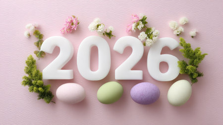 A delightful arrangement featuring colorful Easter eggs and delicate floral accents, symbolizing the joy of spring and festive celebrations for 2026.の素材