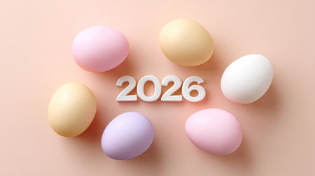 A stylish composition featuring colorful pastel eggs surrounding the number 2026 on a soft pink background, ideal for spring holiday themes.の素材