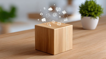 A wooden cube rests on a table, surrounded by floating digital icons that symbolize communication and social media interactions, ideal for modern business imagery.の素材
