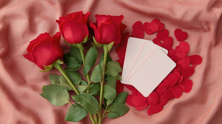 A beautiful arrangement of red roses paired with blank cards and heart-shaped confetti on a soft fabric surface, perfect for romantic occasions or celebrations.の素材