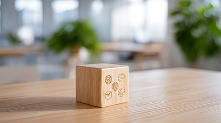 A beautifully designed wooden cube featuring engraved icons sits on a smooth desk in a bright modern office. The warm wood texture enhances the serene workspace.の素材