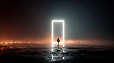 A solitary figure stands in front of a glowing doorway, enveloped in fog and darkness. This captivating scene evokes feelings of curiosity and introspection.の素材