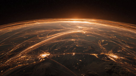 This captivating aerial image showcases Earth's vibrant city lights at night, illuminated by a striking atmospheric glow that conveys the energy and connectivity of urban life.の素材